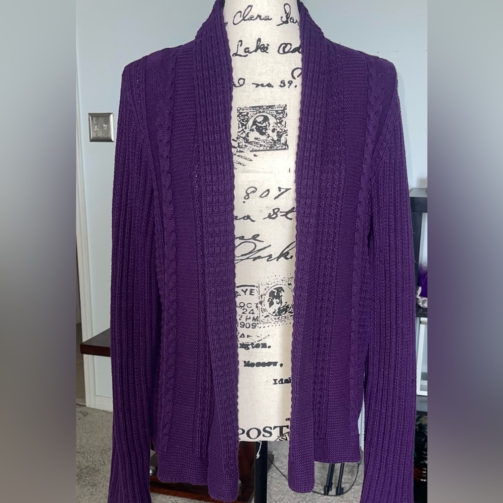 Purple Open-Front Cable Knit Women's Sweater Cardigan